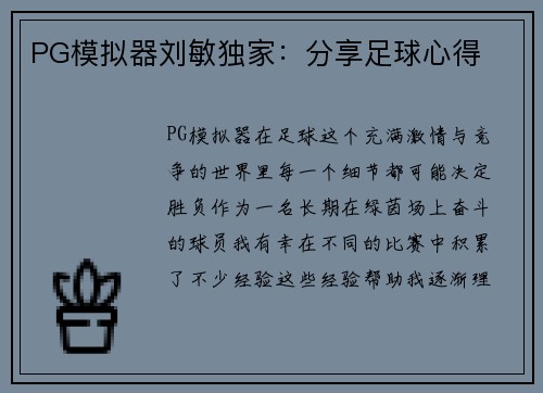 PG模拟器刘敏独家：分享足球心得
